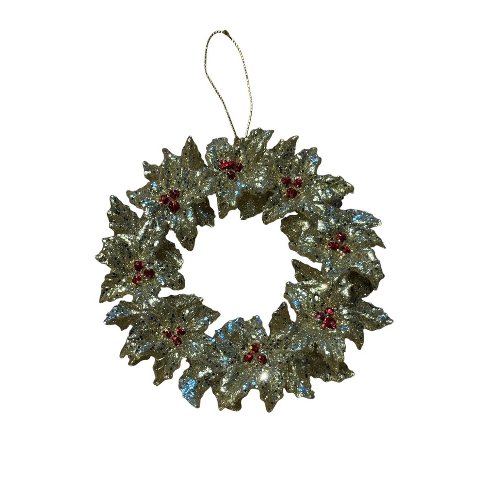 Glitter Holly Wreath‎ Christmas Tree Ornament Red Berry Gold Holiday Home Decor